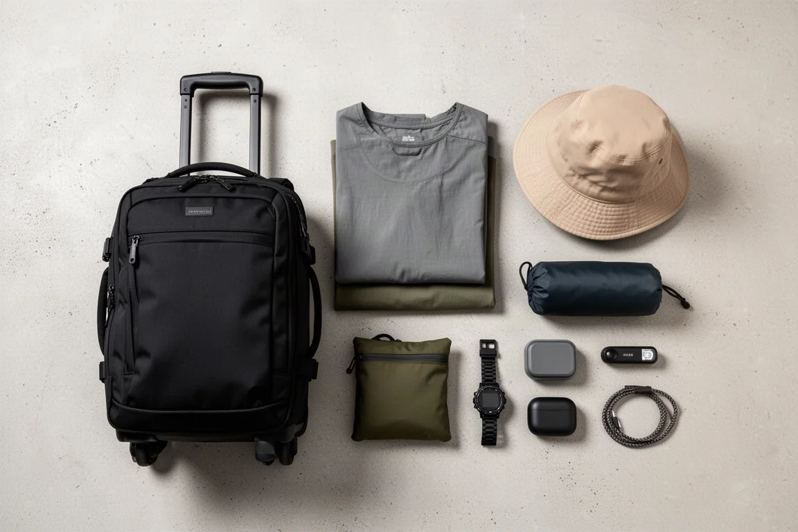 Flat-lay of one-bag travel gear including a convertible pack, folded clothing and small electronics