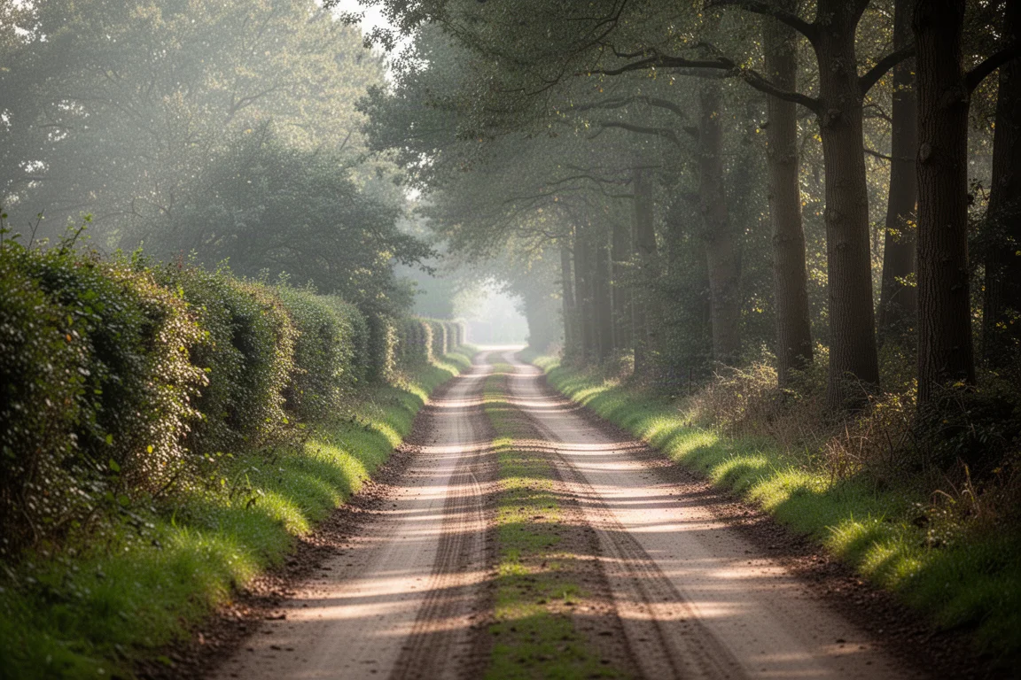 Strada di campagna tranquilla che si apre su una pista forestale nella luce morbida del mattino