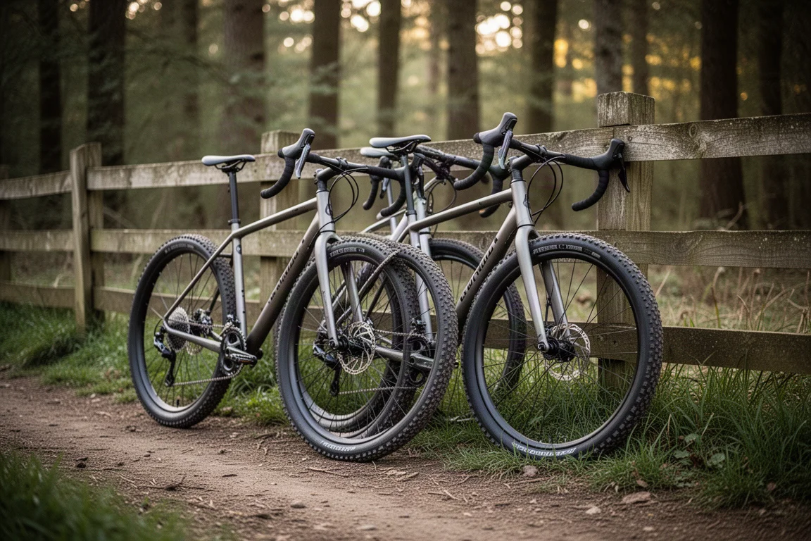 Due bici gravel appoggiate fianco a fianco a una staccionata di legno all'inizio del sentiero
