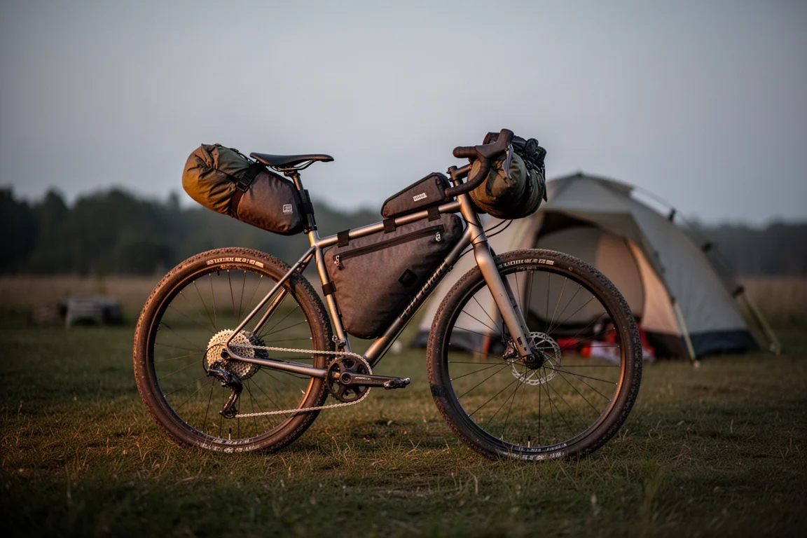 Bici gravel carica con borse da bikepacking in un campeggio nella luce della sera