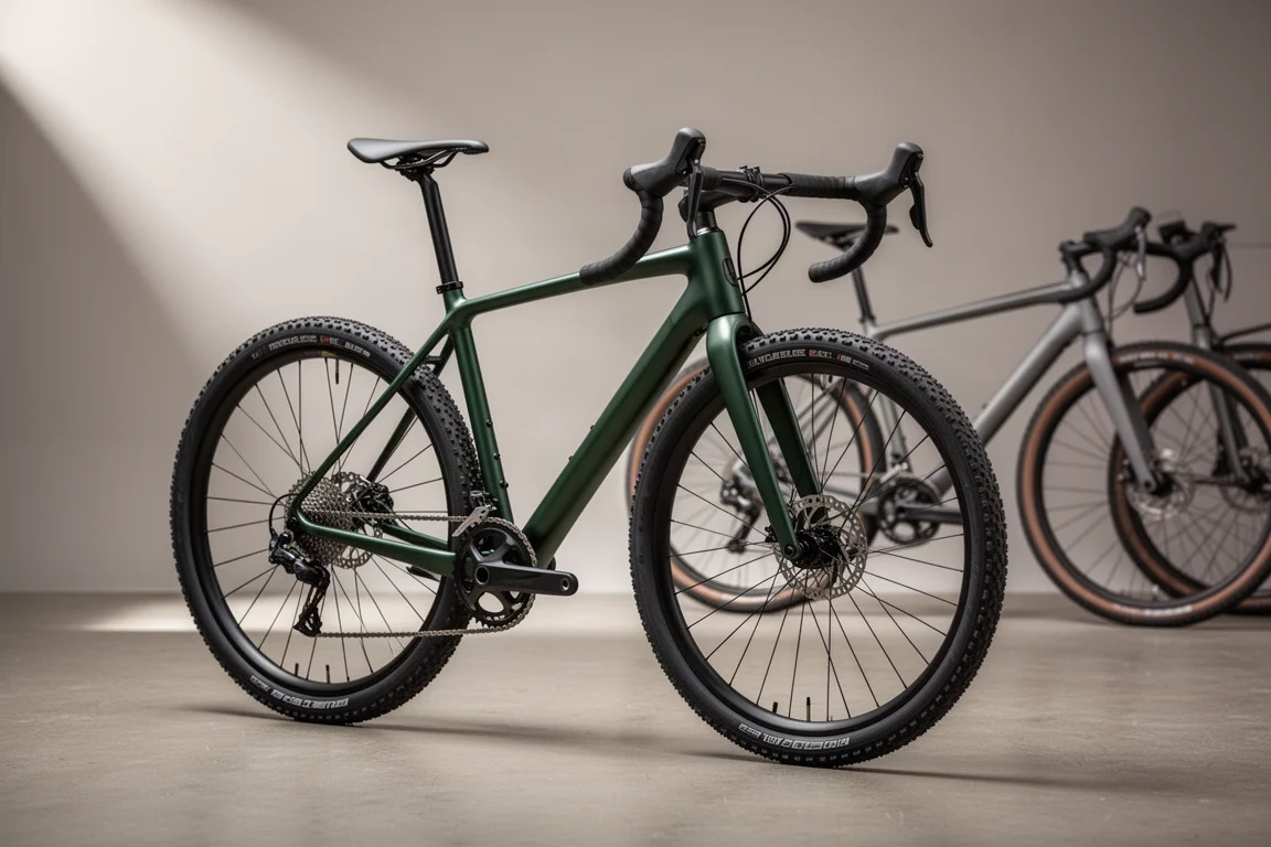 Due bici gravel con manubrio drop e pneumatici larghi fotografate su uno sfondo grigio neutro