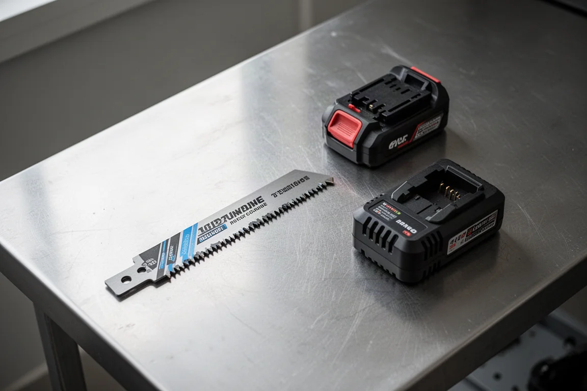 Lama nuova per sega alternativa appoggiata accanto a una batteria su un banco di lavoro
