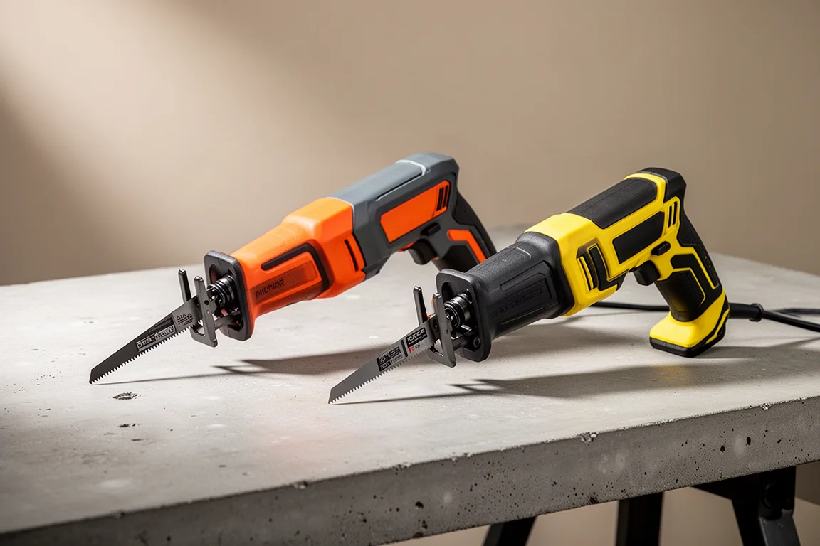 Ridgid and DeWalt one-handed reciprocating saws side by side on a workbench