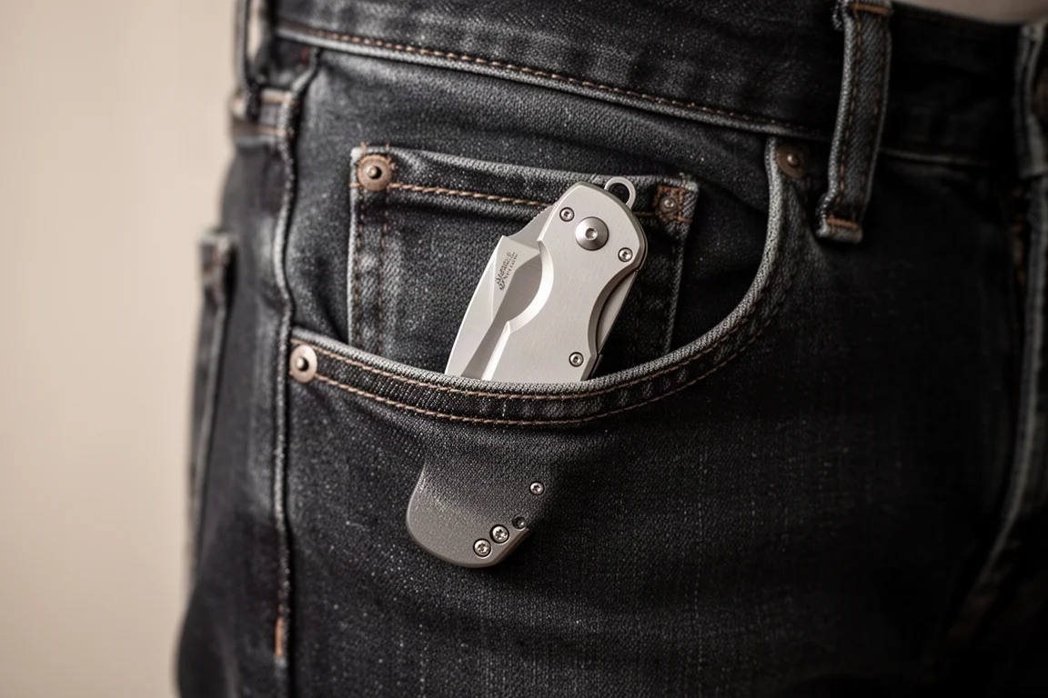 Kompaktes Klappmesser, in die fünfte Tasche einer Jeans eingeklippt