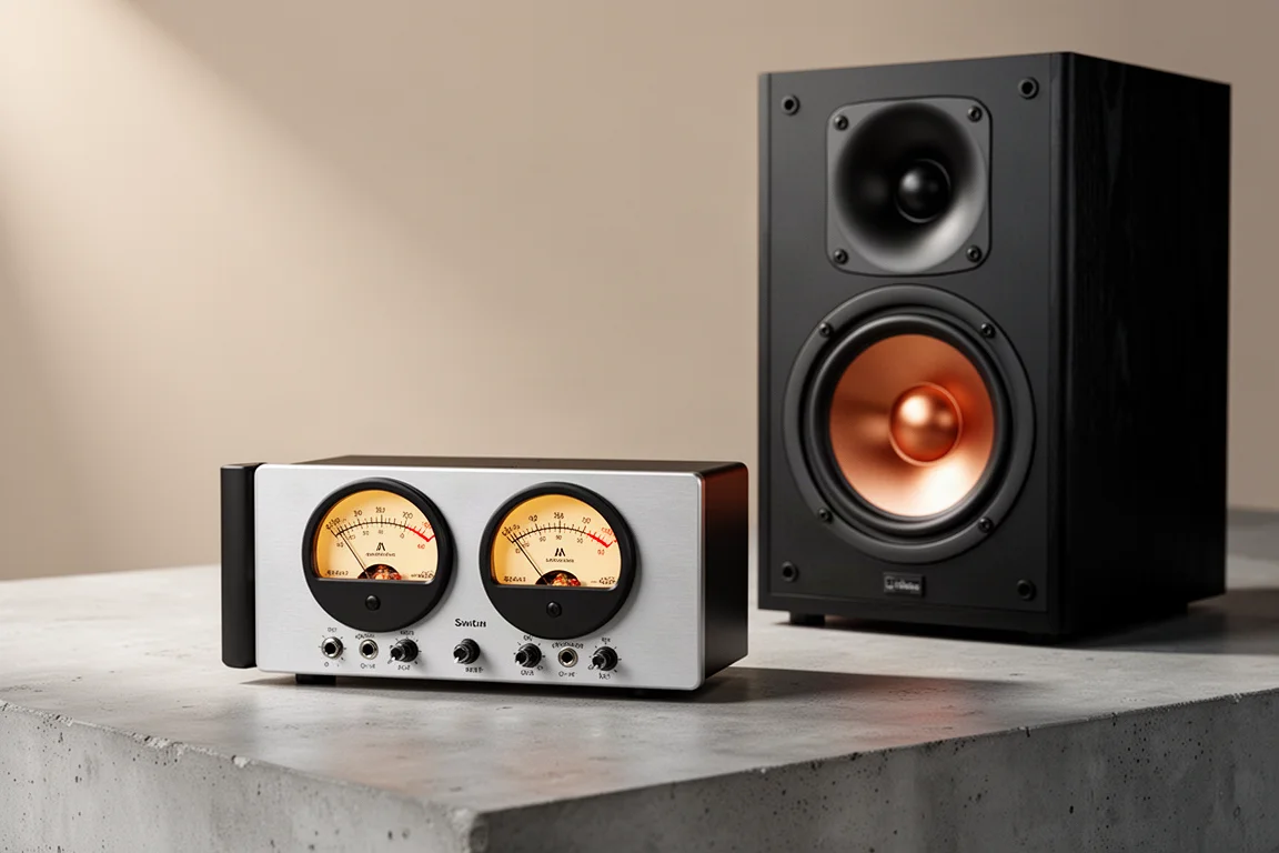 Compact audio switcher with twin VU meters beside a black bookshelf speaker on concrete