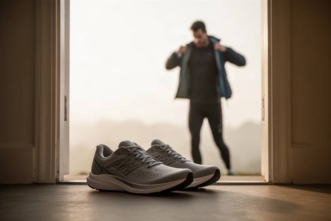 Runner lacing up a single pair of running shoes by a door before a morning run