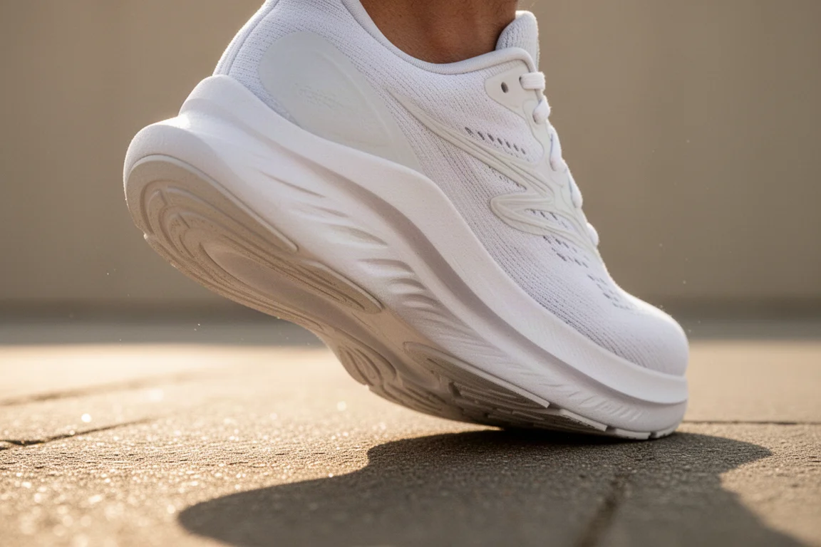 Close-up of a cushioned running shoe midsole flexing on a sunlit pavement
