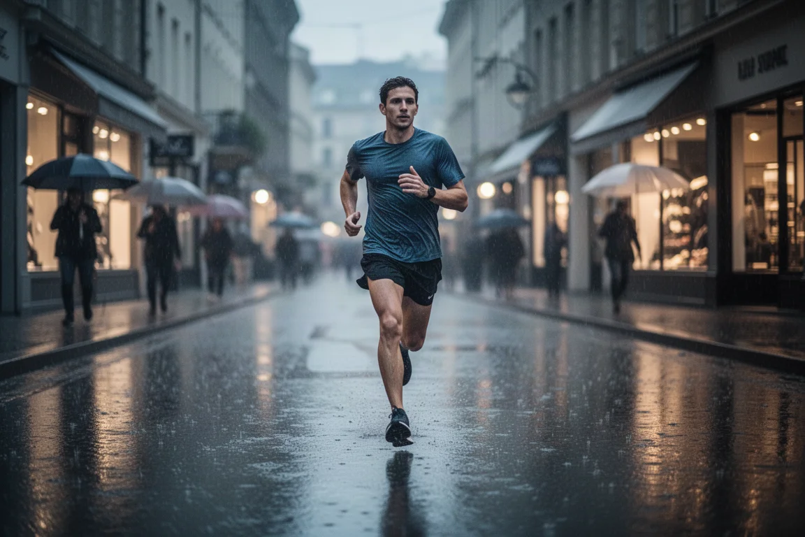 Runner jogging along a rainy city street in a lightweight everyday running shoe