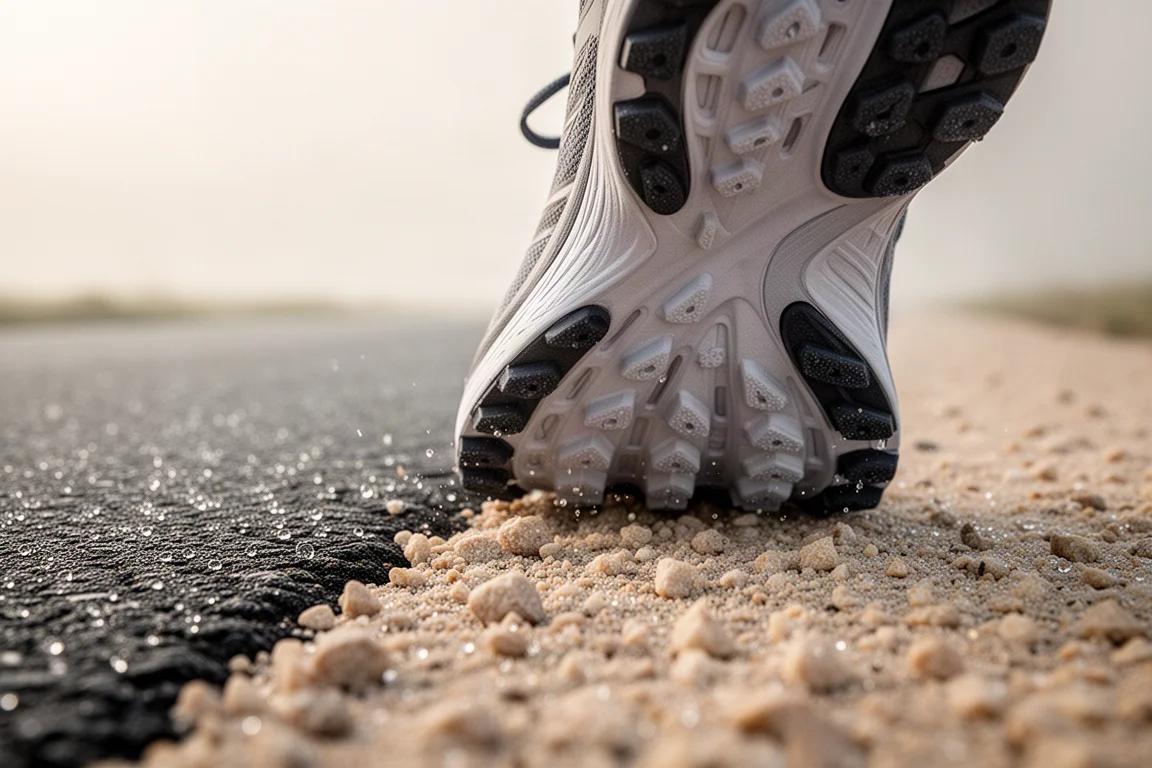 Running shoe outsole with spaced lugs gripping a mixed gravel and tarmac path