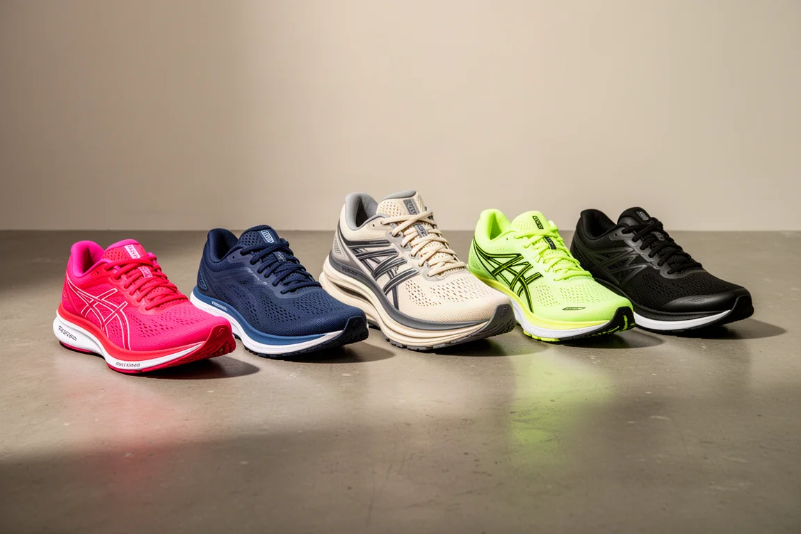 Five running shoes of different styles arranged in a row on a concrete studio floor