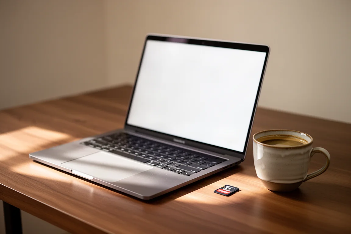 Smukły aluminiowy laptop otwarty na drewnianym biurku obok karty pamięci i filiżanki kawy