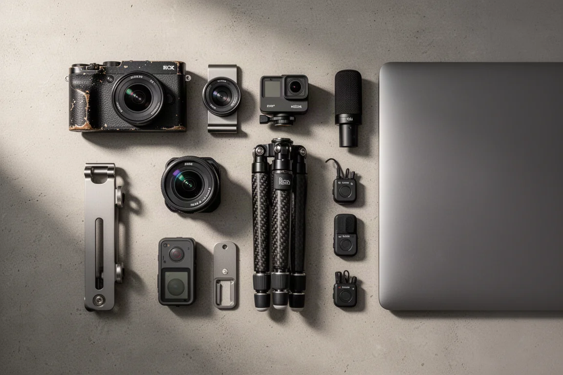 Flat-lay of cameras, prime lens, camera clip, travel tripod, action camera, microphones, and laptop on concrete