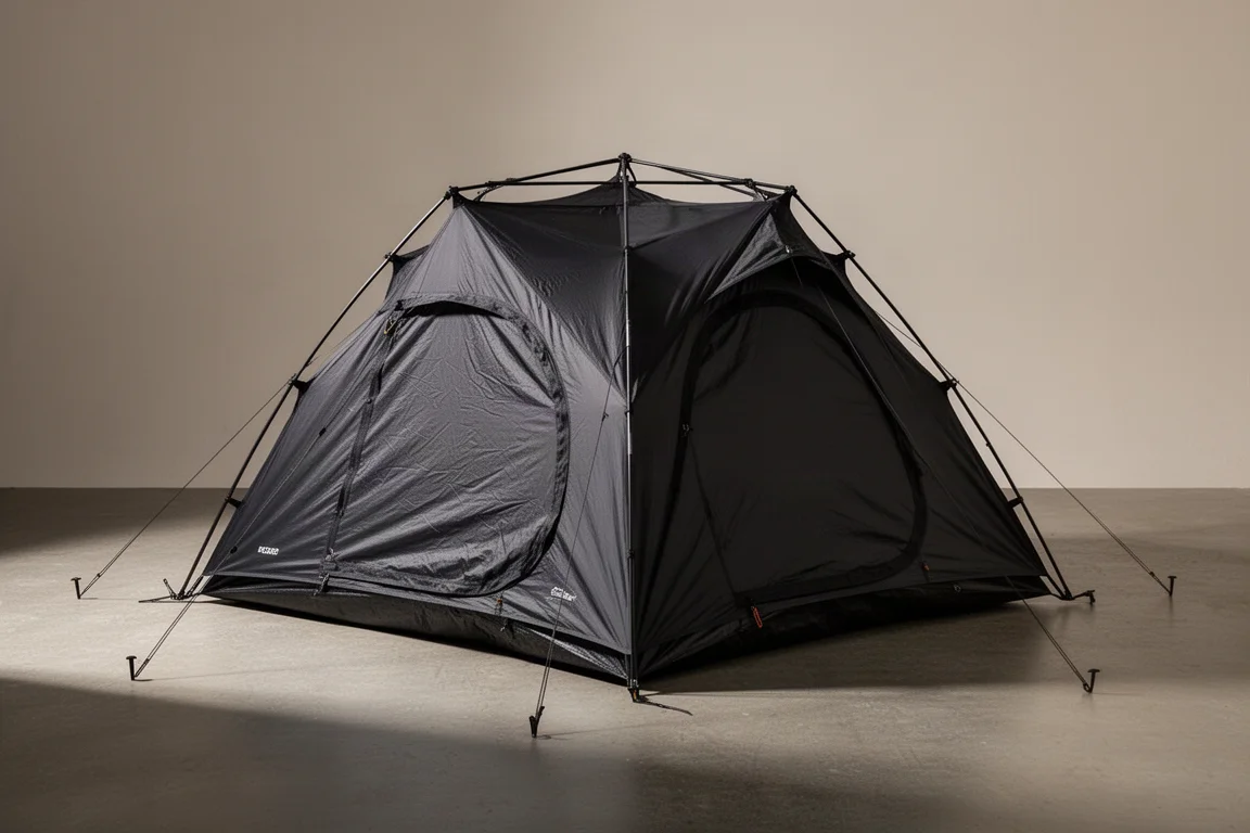 Black two-door four-season backpacking tent pitched on a matte concrete surface