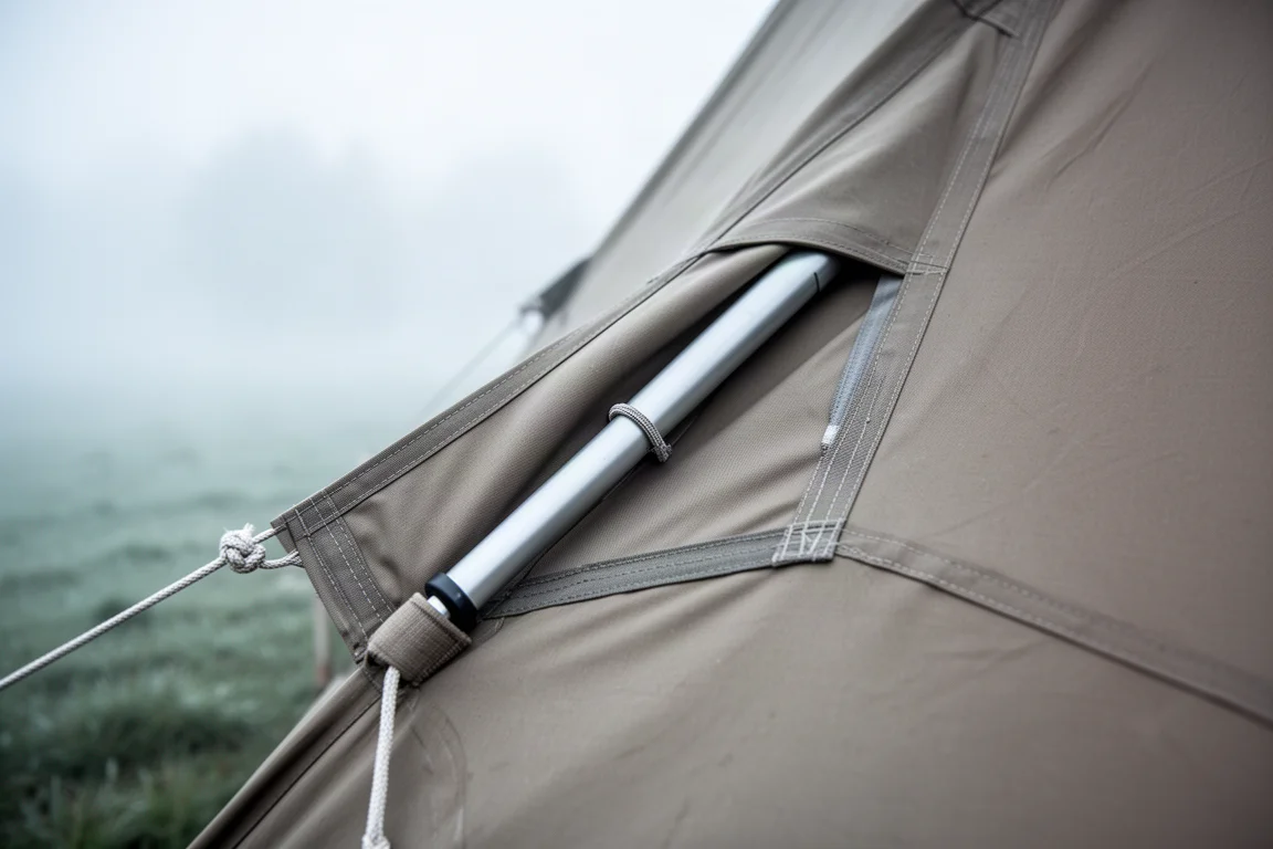 Close-up of a tent pole sleeve covered in frost with a pole section inserted