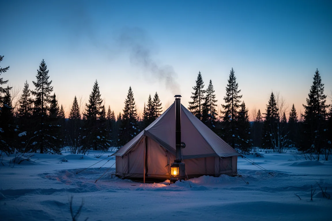 Tent interior with a small wood stove glowing beside a cot and stacked firewood