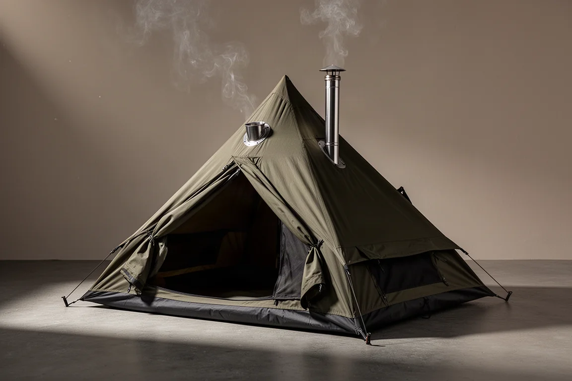 Olive four-season hot tent with rolled-open door and stove jack on concrete floor