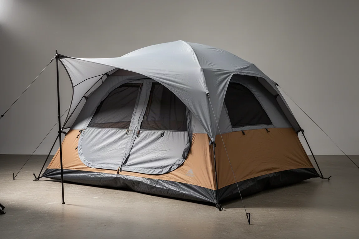 Grey three-season two-person camping tent pitched on a neutral studio backdrop