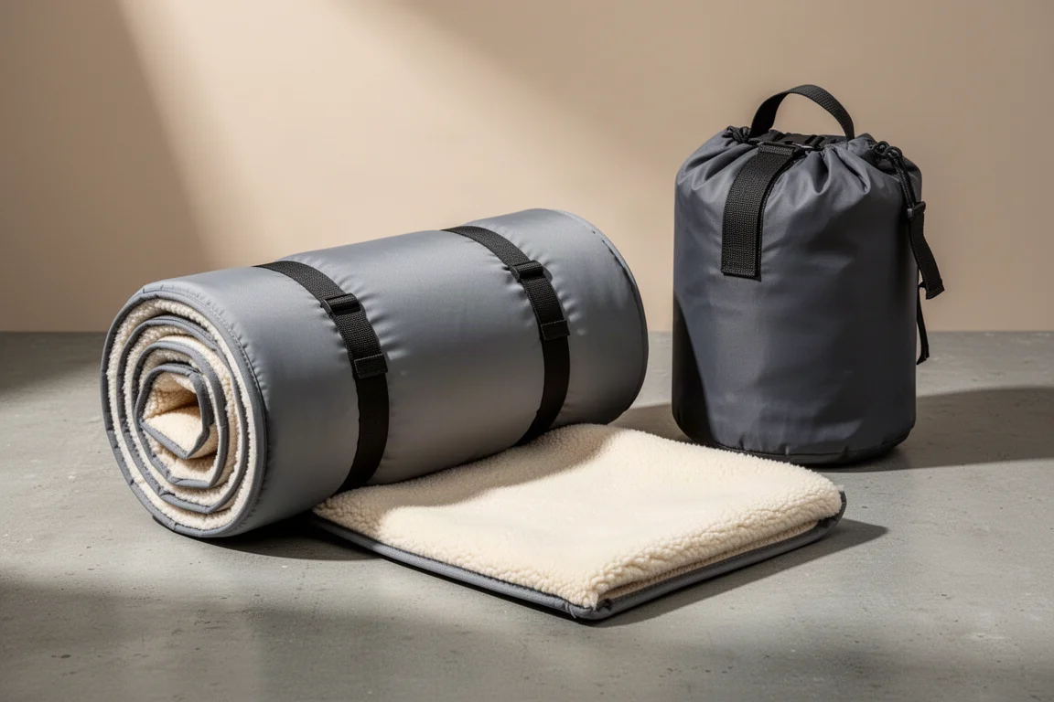 Rolled reversible cot pad with grey polyester and cream fleece faces beside a storage bag