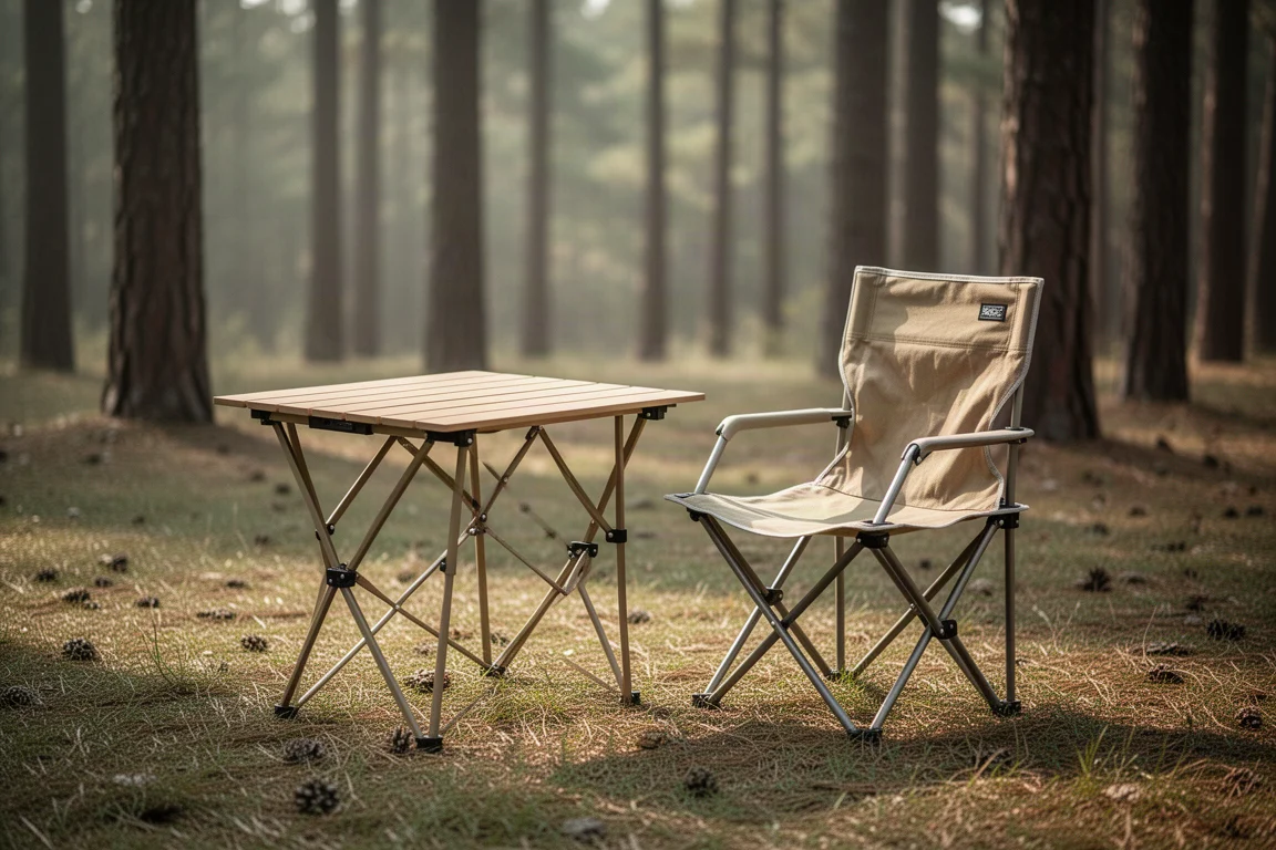 Petite table de camping pliante installée à côté d'une chaise de randonnée légère sur un campement en pleine nature