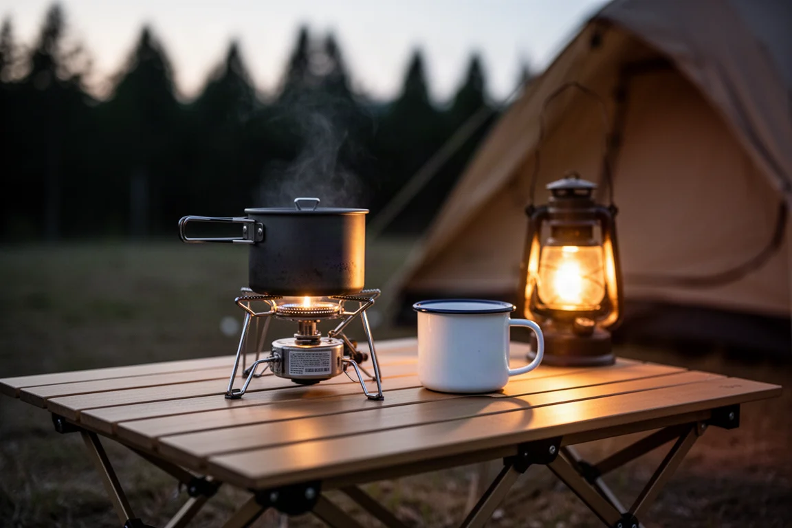 Réchaud de camping et tasse en émail posés sur un petit plateau pliant au crépuscule
