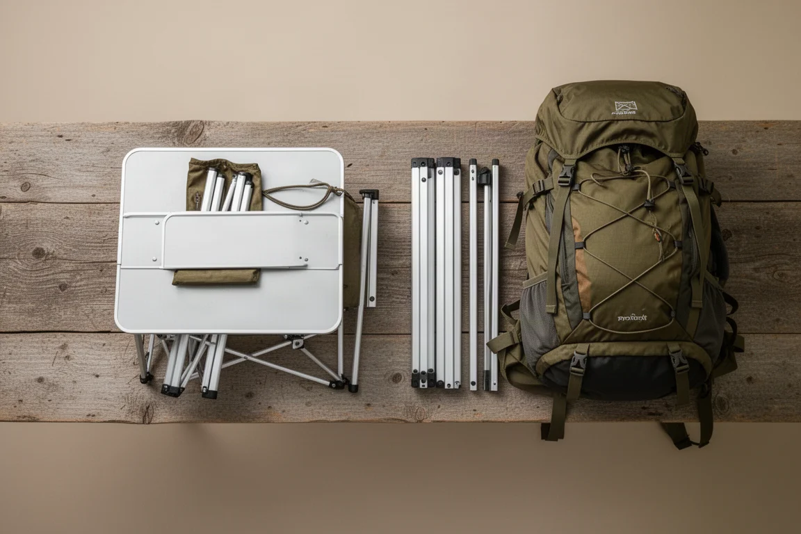 Vue à plat des composants de la table de camping rangés à côté d'un sac à dos de randonnée