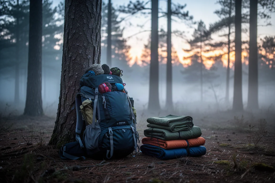 Sac à dos et matériel de camping dans une clairière forestière à l'aube avant le départ