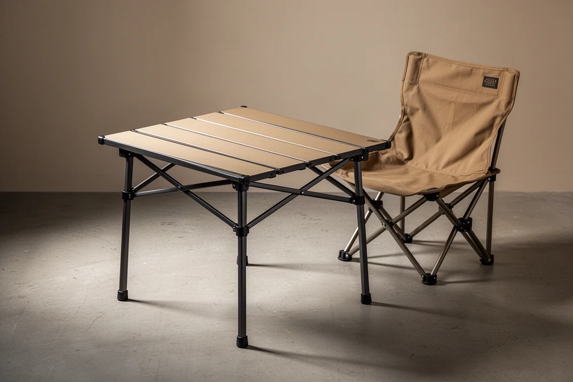 Compact coyote fabric folding camp table set at full height beside a backpacking chair