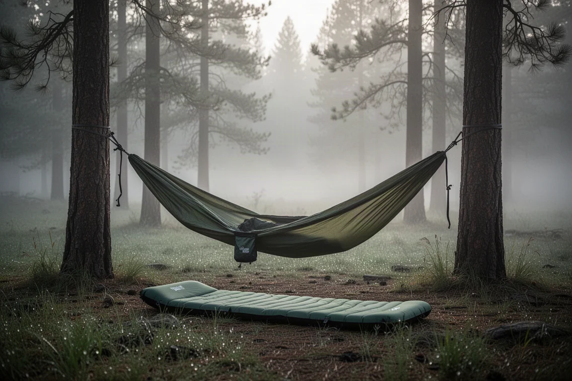 Backcountry campsite at first light with a hammock between trees and a sleeping pad on the ground