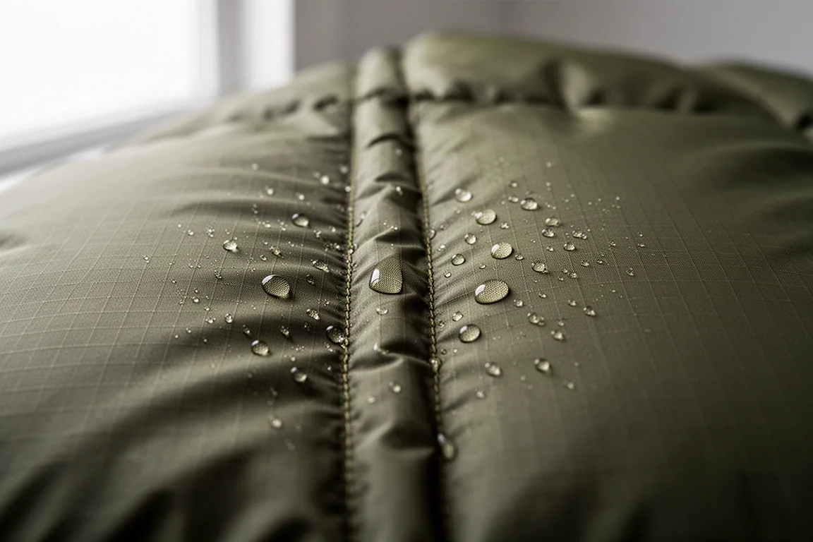Close-up of quilted baffle stitching on olive ripstop fabric with water beading on the surface