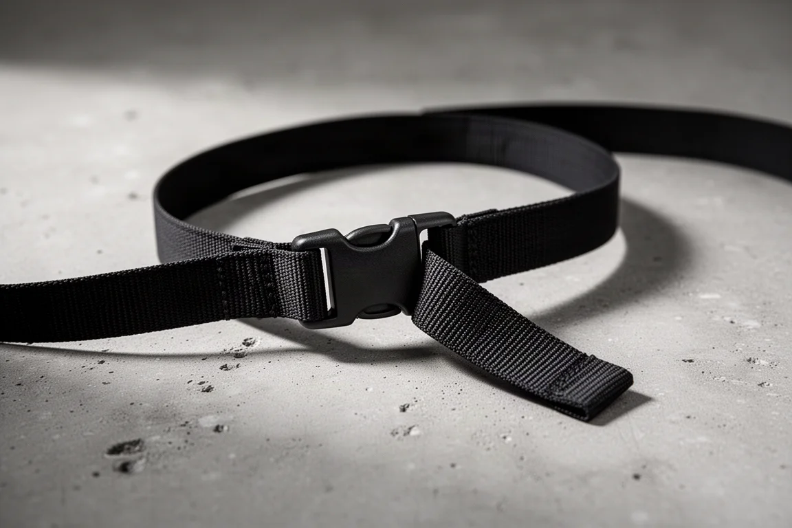 Close-up of thin webbing compression straps and a plastic buckle on a concrete surface