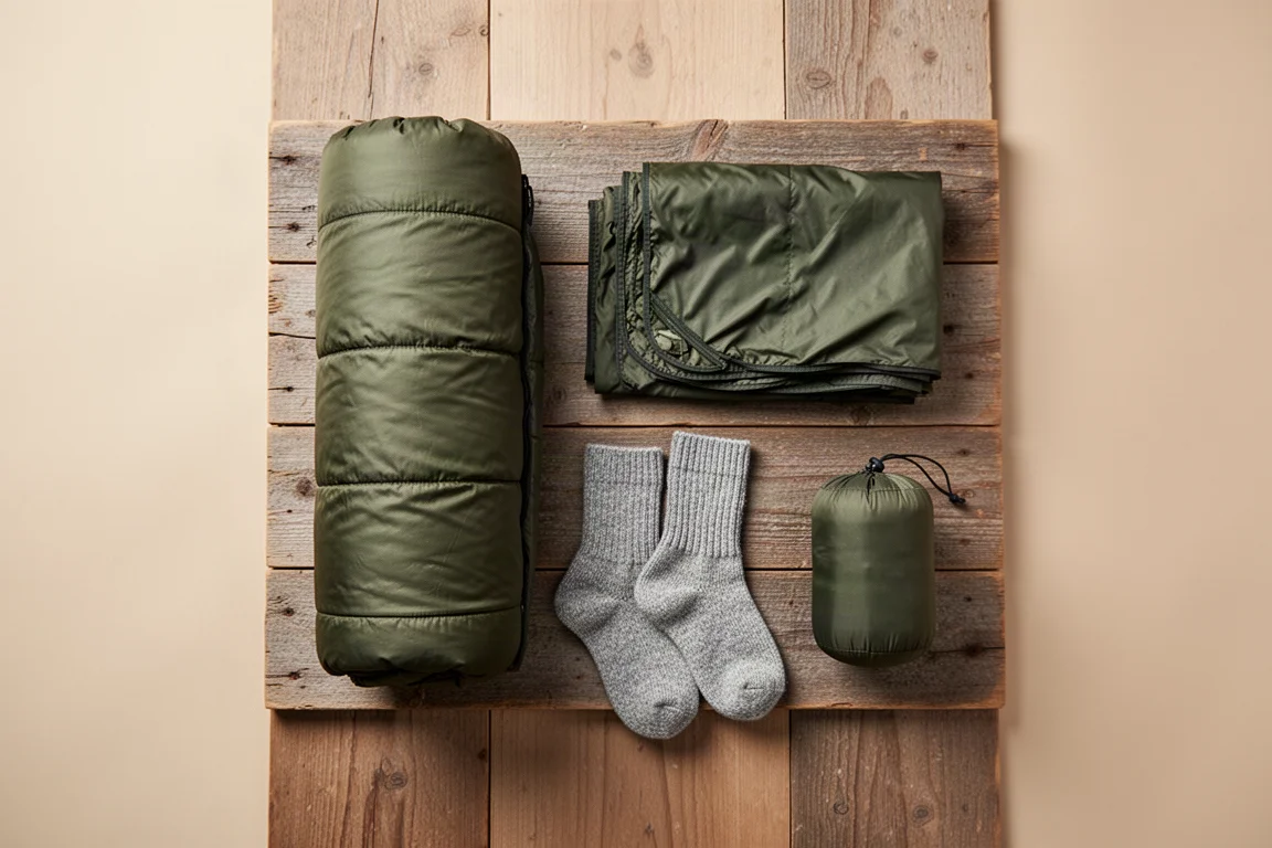 Flat-lay of a rolled synthetic quilt, folded poncho liner, wool socks and a stuff sack on wood