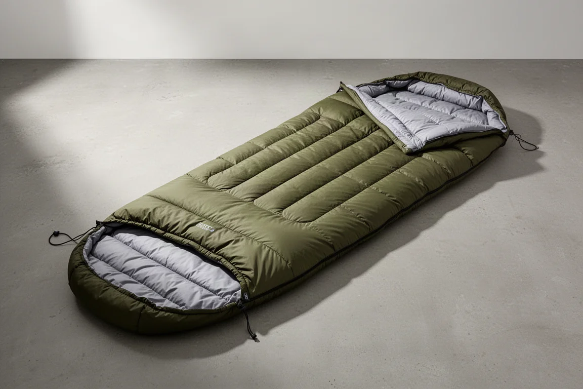 Olive green synthetic camping quilt with gray lining laid out on a concrete surface