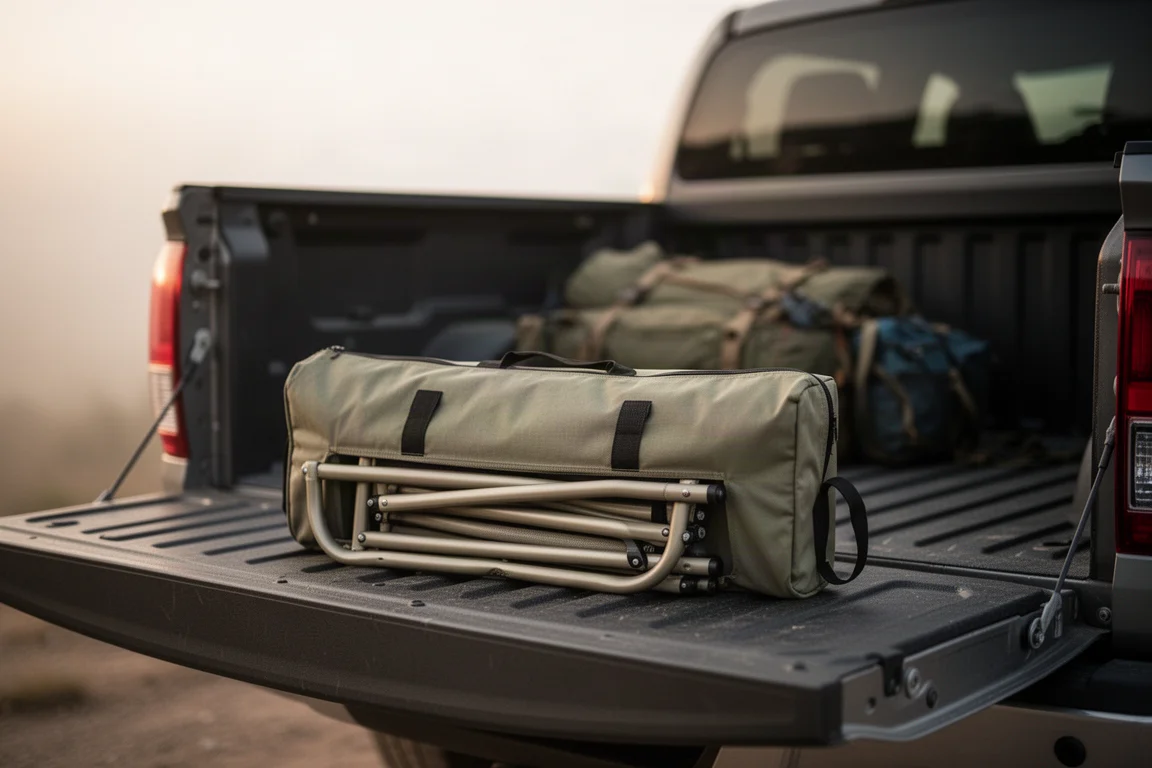 Folded camping chair in a slim carry bag with two side grab handles resting in an open truck tailgate