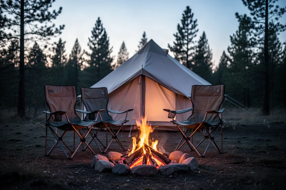 Two folding camping chairs beside a low campfire at dusk with a canvas tent behind them