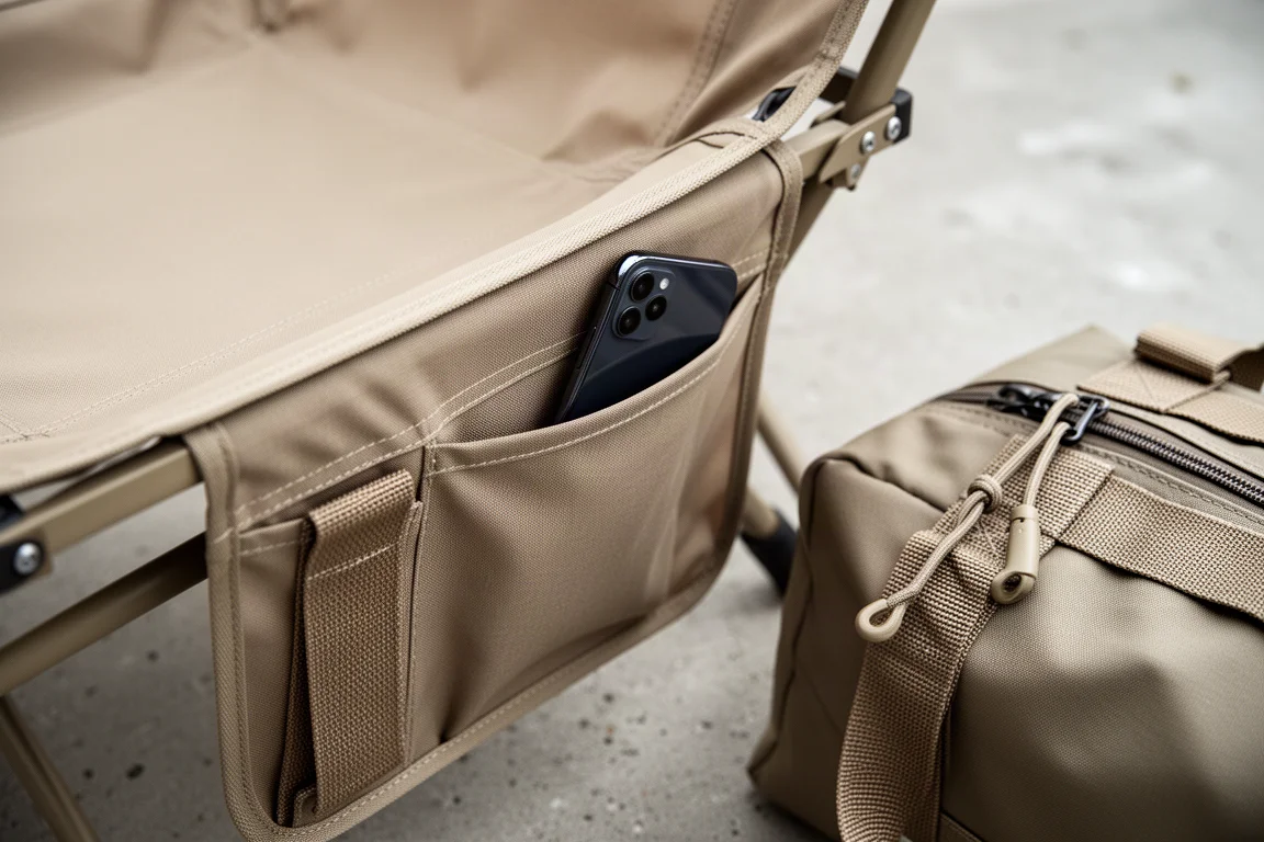 Close-up of a narrow fabric side pocket on a camping chair with a phone tucked inside