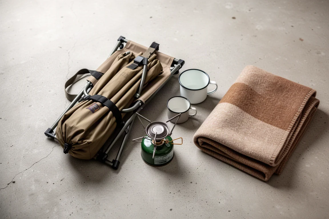Overhead flat-lay of a folded camping chair with a stove, mug and wool blanket on concrete