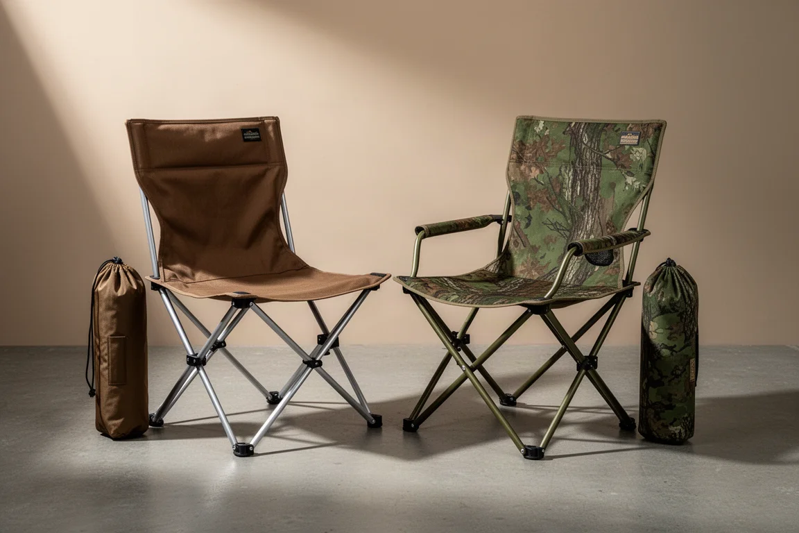 Coyote brown and camouflage folding camping chairs side by side on a concrete surface