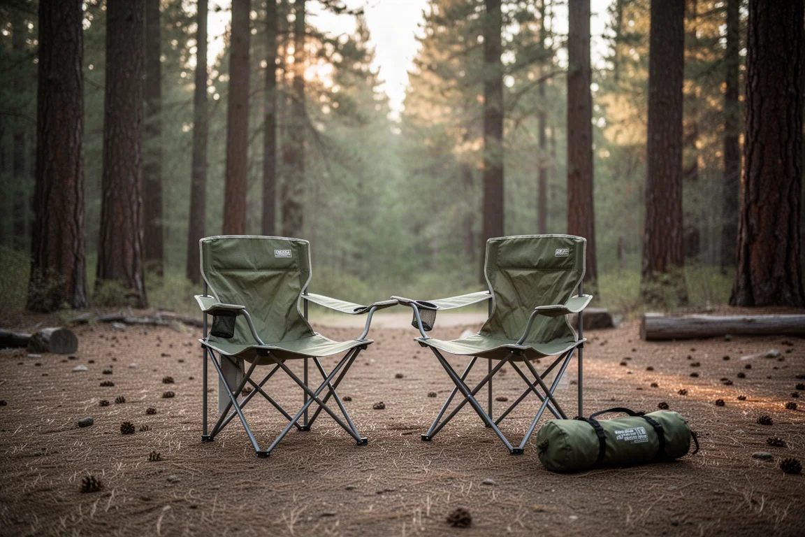 Deux chaises de camping pliantes installées dans une clairière en fin d'après-midi