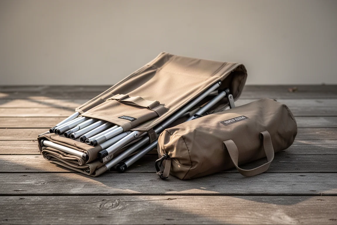 Chaise de camping pliée et sac de rangement posés sur une terrasse en bois