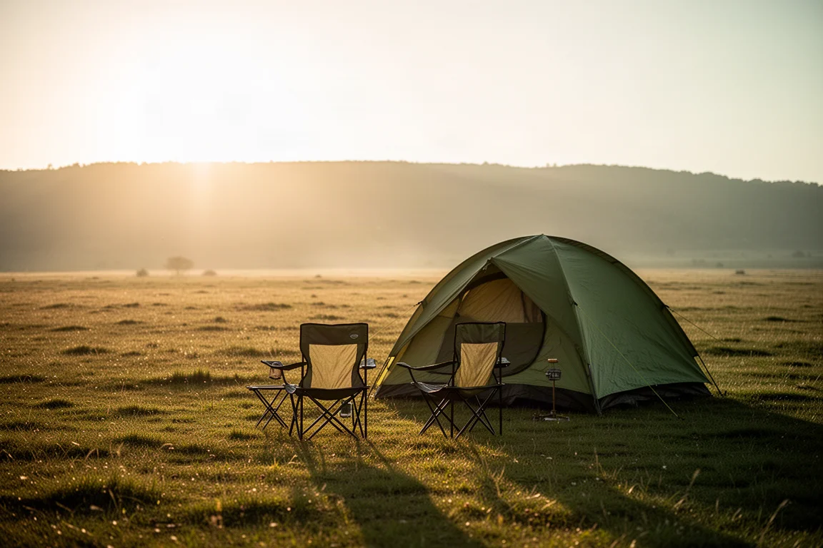 Emplacement de camping à l'heure dorée avec chaises pliantes et tente montée