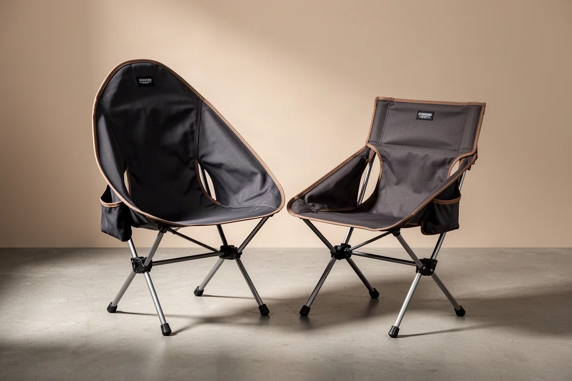 Two folding camp chairs with tall and low backrests side by side on concrete