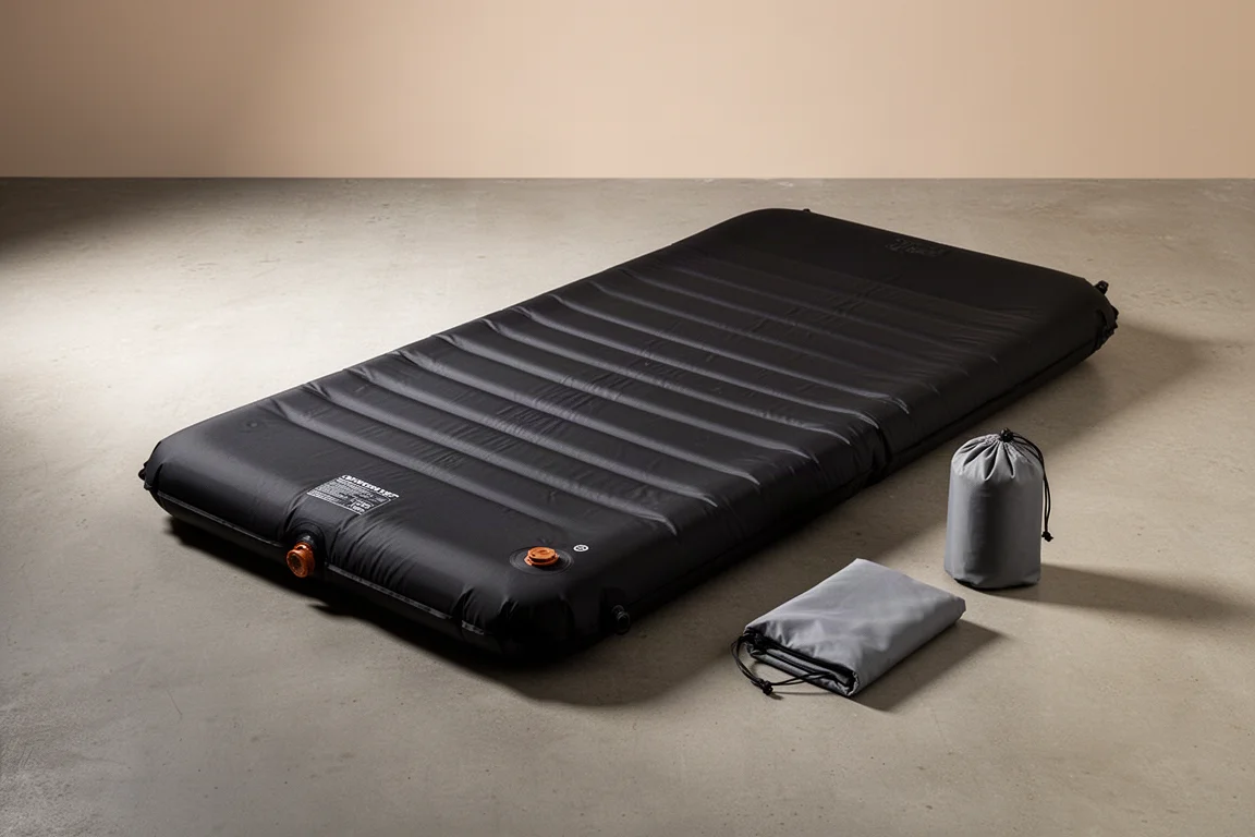 Inflated black backpacking air mattress on concrete with pump sack and storage bag