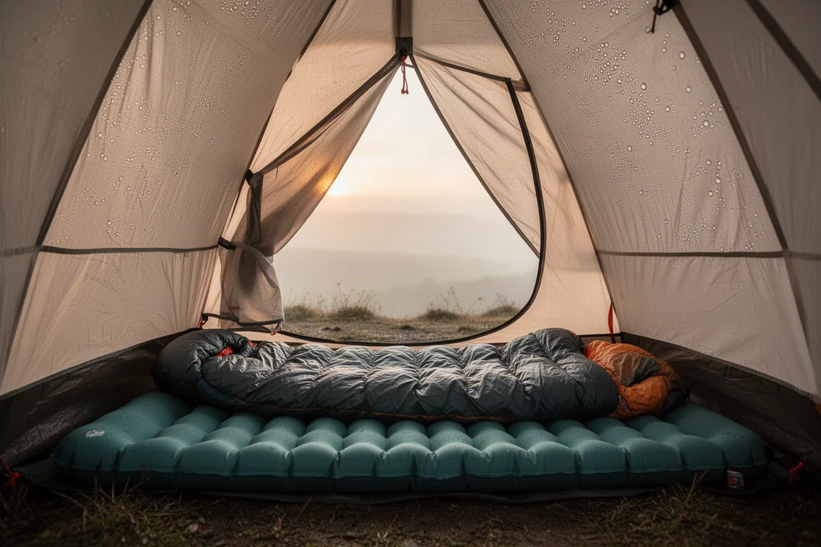 Interieur van een kampeertent bij zonsopgang met een opgeblazen slaapmat en slaapzak