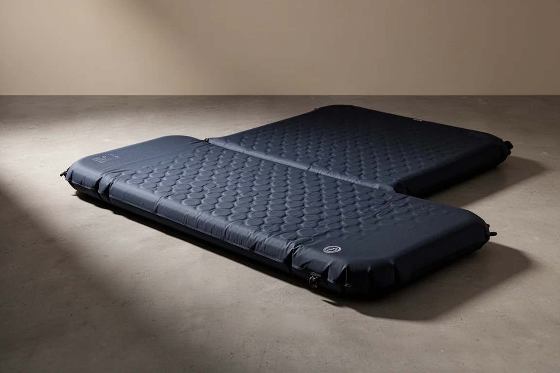 Dark blue-black insulated sleeping pad with honeycomb texture on a concrete surface