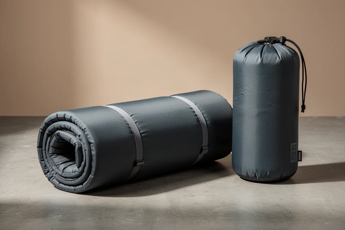 Rolled dark gray sleeping pad and large inflation bag on a concrete surface