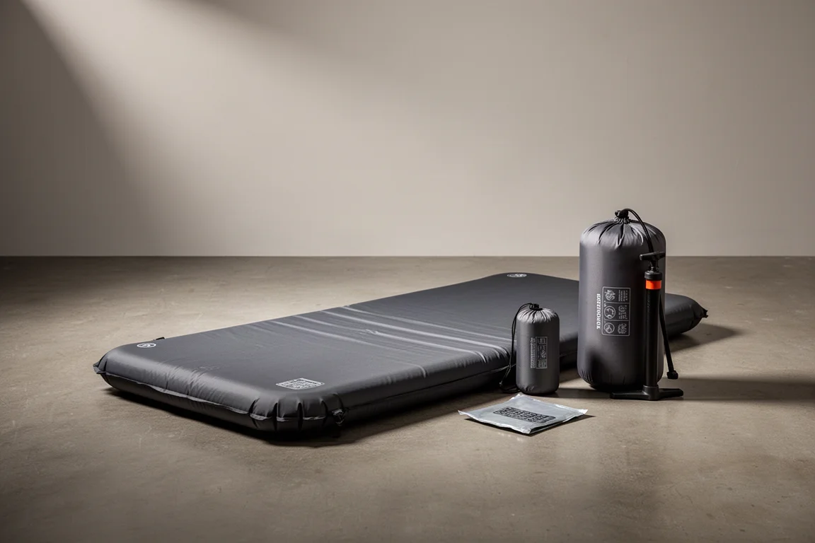 Dark grey inflatable sleeping pad with stuff sack and pump sack on a concrete floor
