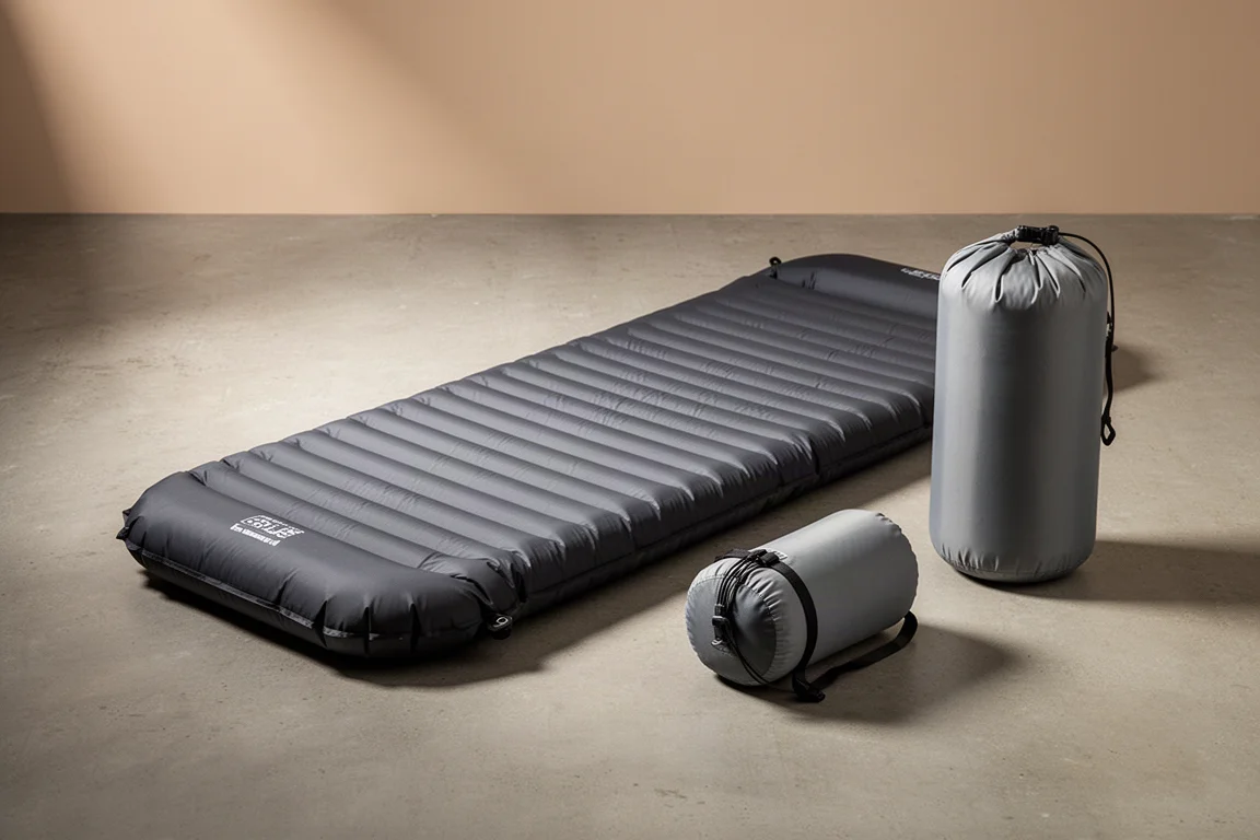 Dark grey insulated sleeping pad with stuff sack and inflation bag on concrete