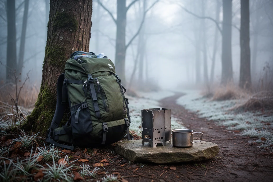 Day pack, small pot and folded stove panels laid out on a frosty woodland path