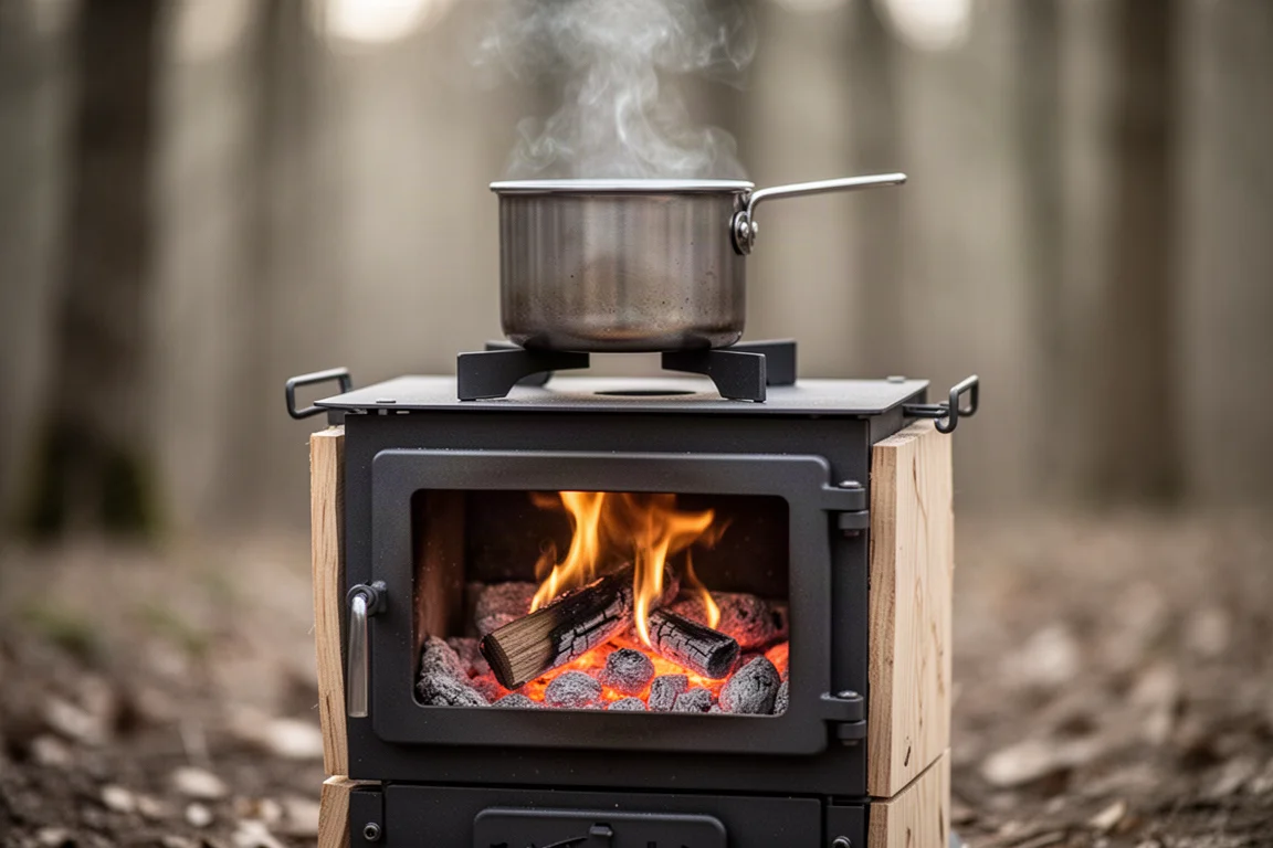 Close-up of flames visible through a folding wood stove front window with a pot on top