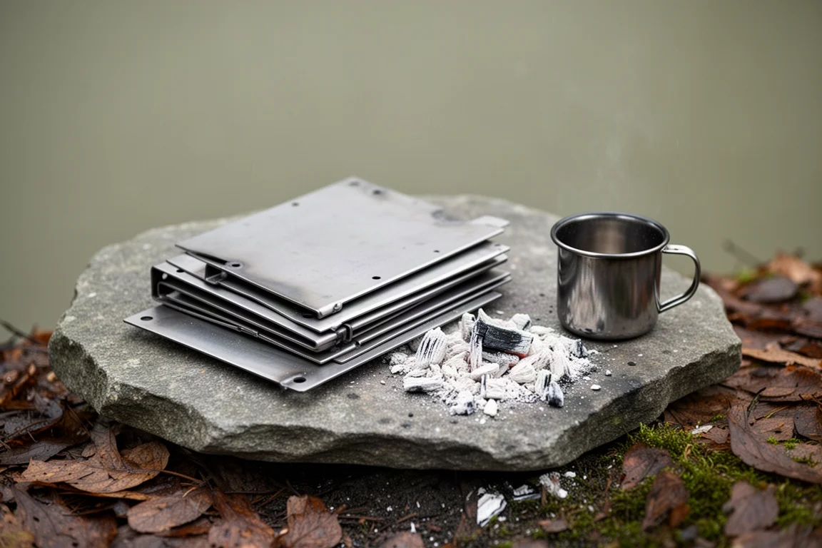 Folded stove panels stacked beside a cooling ash bed on a flat rock with an empty mug